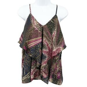 Greylin Women's Camisole Top Size M Ruffled Printed Brown Pink Criss Cross Back